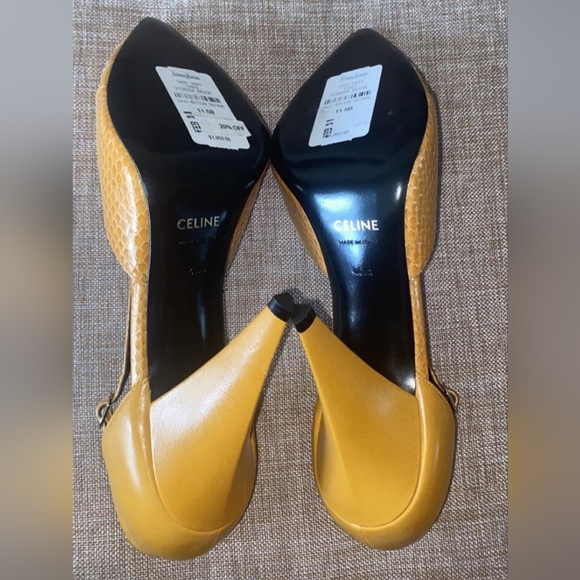 Celine yellow (Mustard) pumps embossed Leather with snakeskin trim, Sz 11.5, NWT - Picture 6 of 8